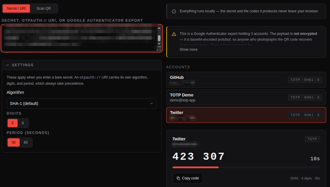 The KitBoxDev TOTP Generator decoding a Google Authenticator export: the pasted payload on the left, a warning that the export holds three accounts and is not encrypted, an account picker, and a live code for the selected account